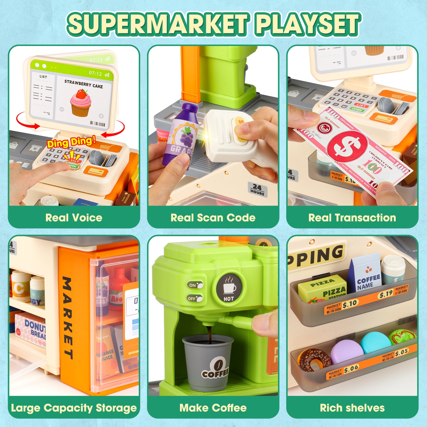 UUSUOO 66Pcs Cash Register for Kids,Pretend Play Grocery Store Set,Kids Cash Register with Scanner,Coffee Machine,Play Food & Money,Christmas Birthday Gift for Boys Girls 3 4 5 6 +