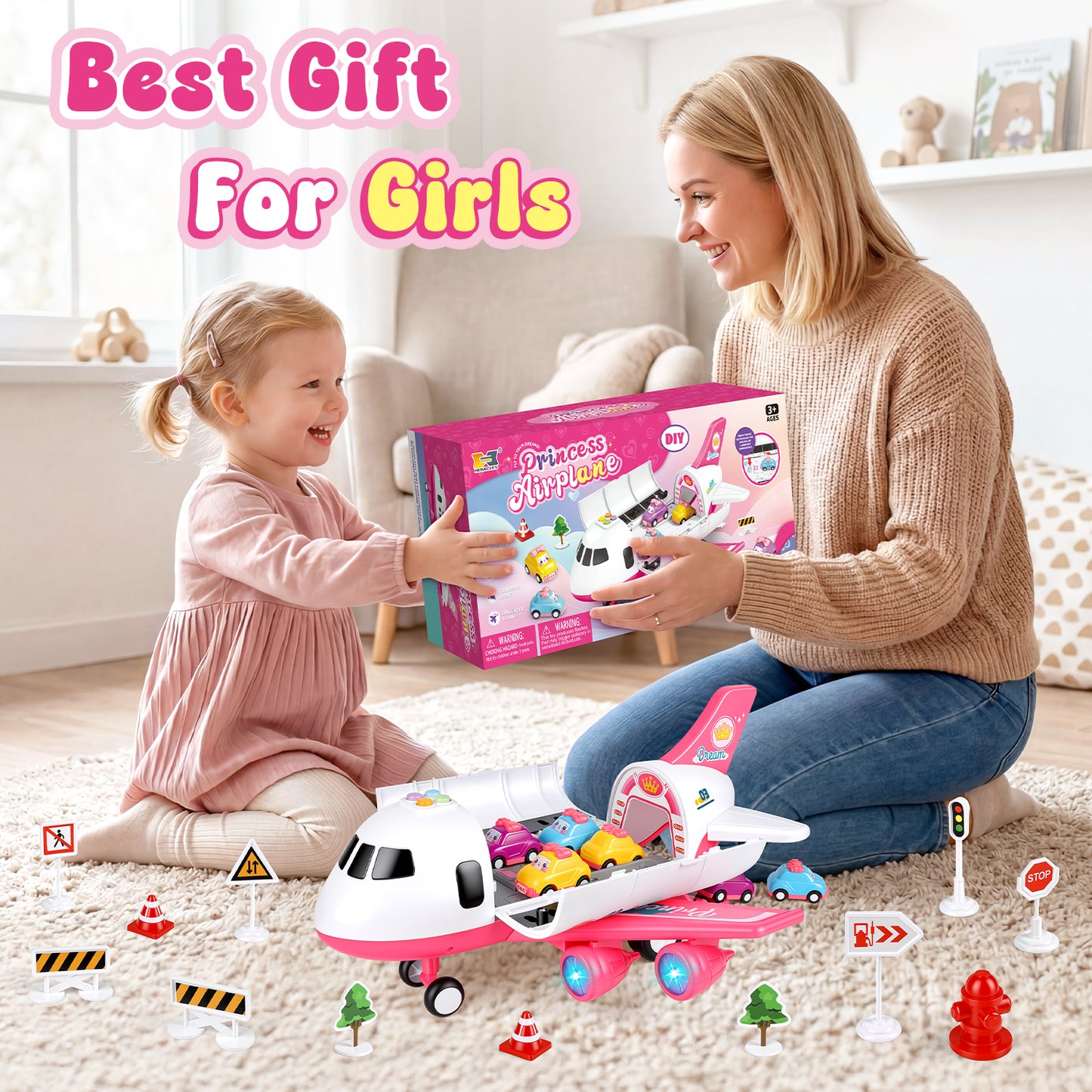 UUSUOO Airplane Toys for Toddlers 3-5, Toddlers Airplane Playset with 6 Cars Toys, Light & Sound,Plane Toys for Kids,Birthday Gift for 3 4 5 6+ Years Old Kids Boys Girls,Pink