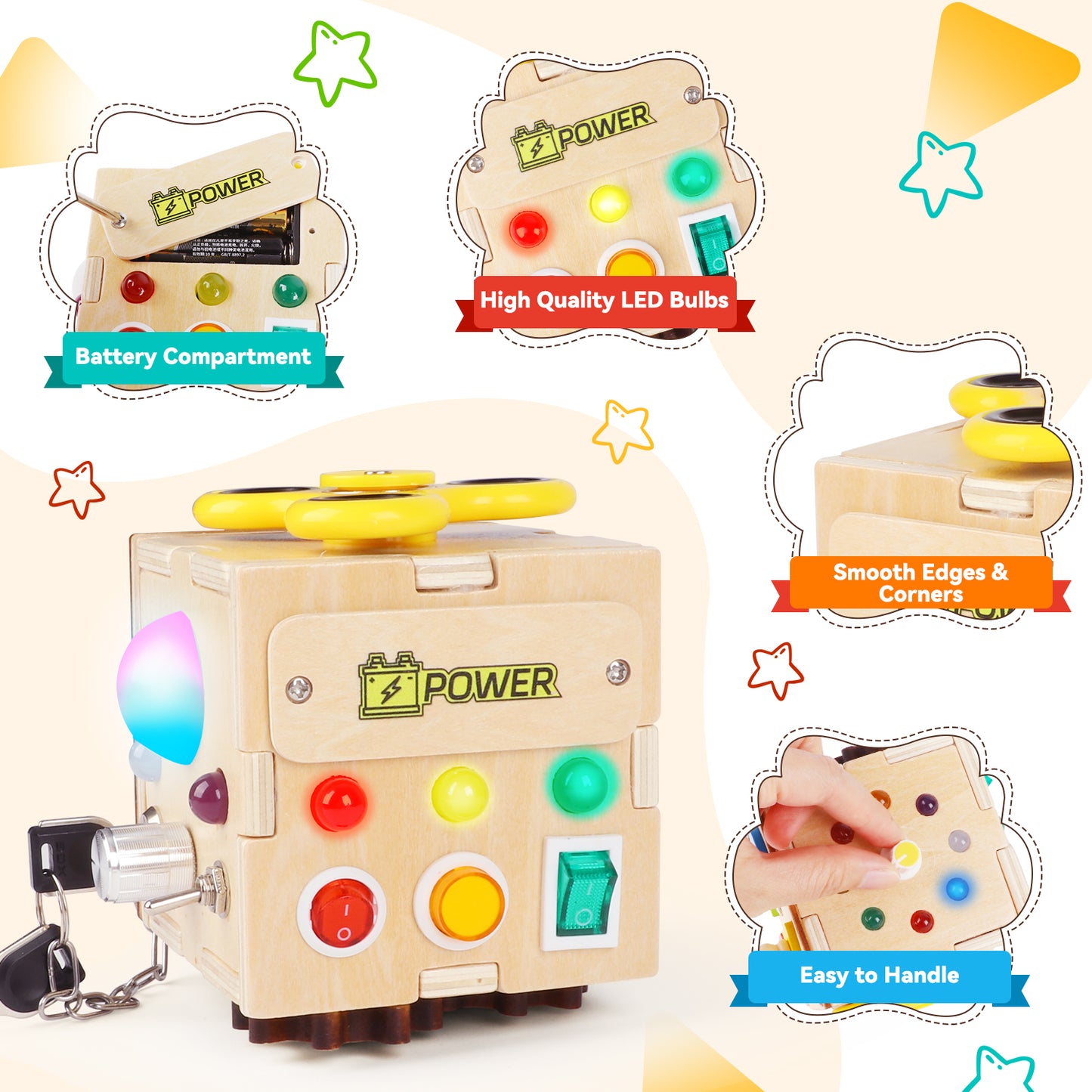 UUSUOO Busy Board with Led Light,Wooden Sensory Toys for Toddlers Boys Ages 1 2 3 Years Old, Educational Wooden Activity Cube,Travel Toys for 2 3 4 + Year Old Boys & Girls Birthday Gift