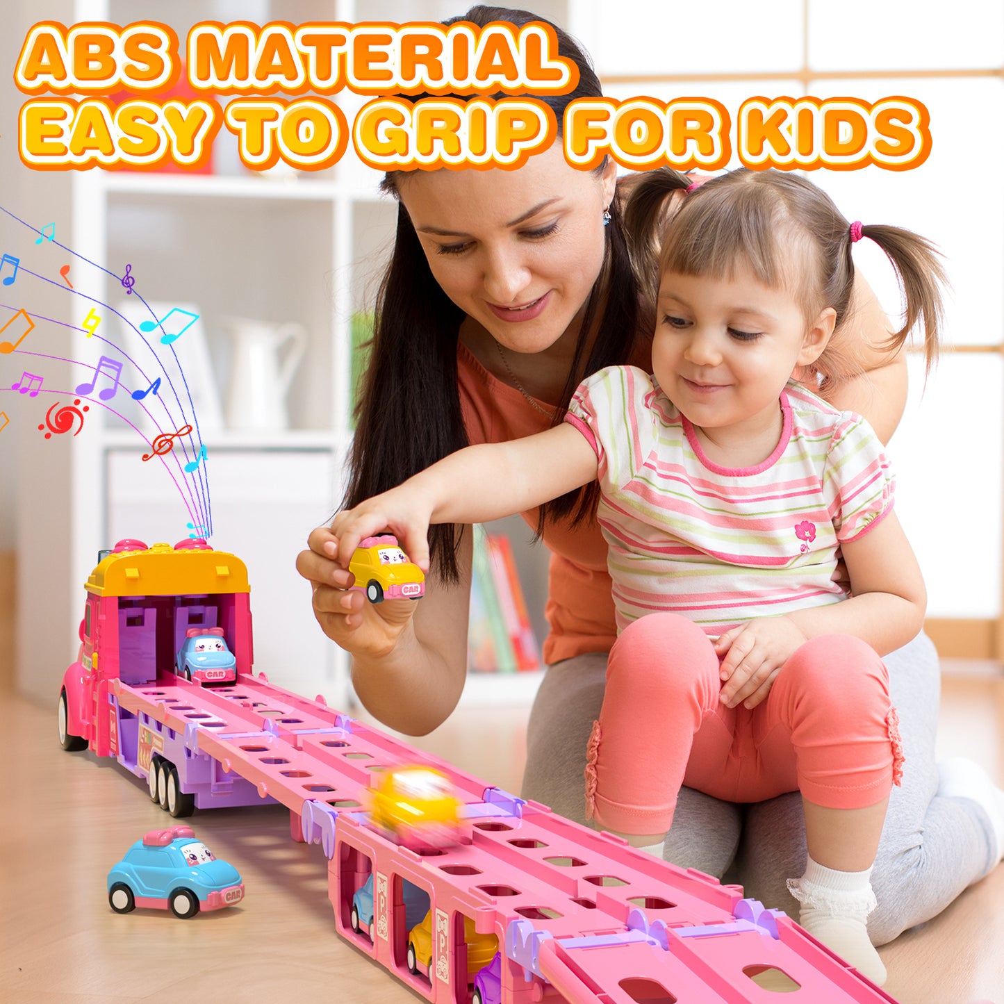 UUSUOO Truck Toys for Girls,9 IN 1 Pink Princess Toys Carrier Truck Race Track Toys for Kids,Foldable Transport Truck with Lights & Music,Christmas Birthday Toys Gift for Girls 3 4 5 6+