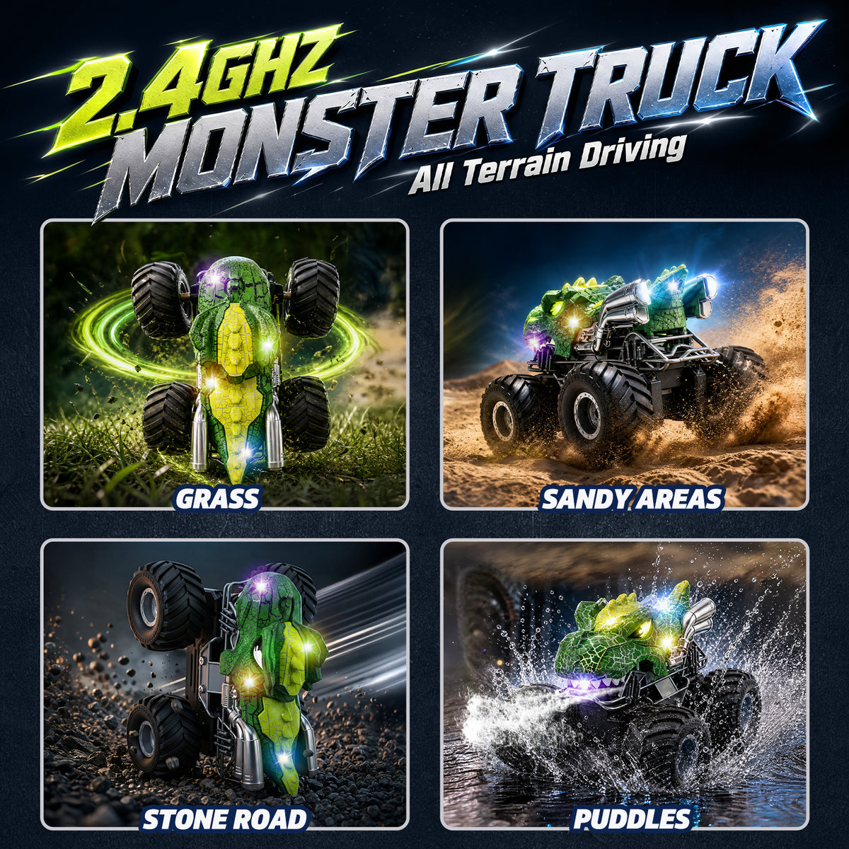UUSUOO Dinosaur Remote Control Car,Waterproof Monster Truck Toys with Spray Water & Lights, 2.4GHz All-Terrain RC Truck Toys for Boys 4-7, Christmas Birthday Gifts for Boys Girls 3+