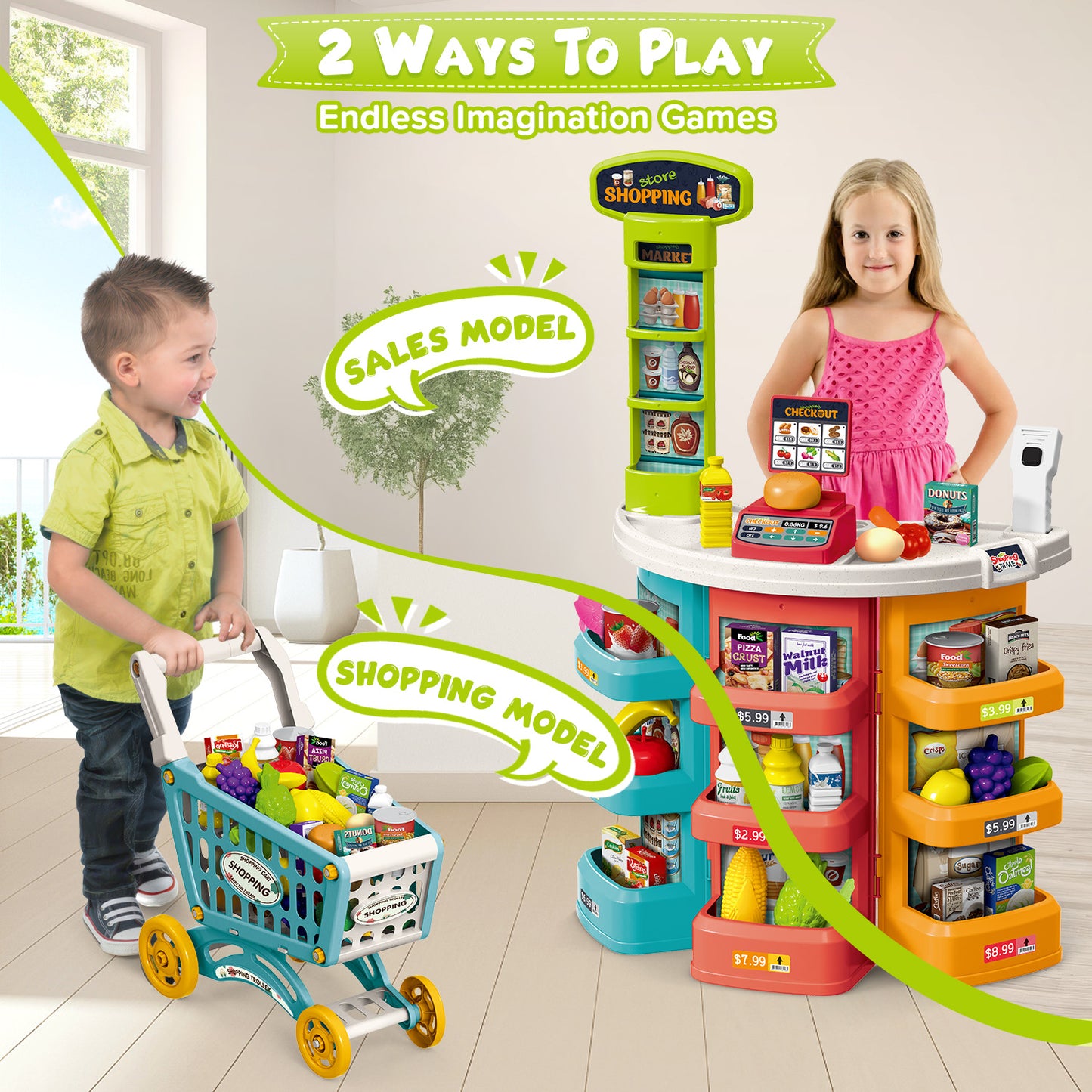 UUSUOO Supermarket Playset for Kids,Pretend Play Grocery Store Set with Kids Shopping Cart,76PCS Pretend Play Toys with Play Food, Cash Register,Christmas Birthday Gift for Kids 3 4 5 6 +
