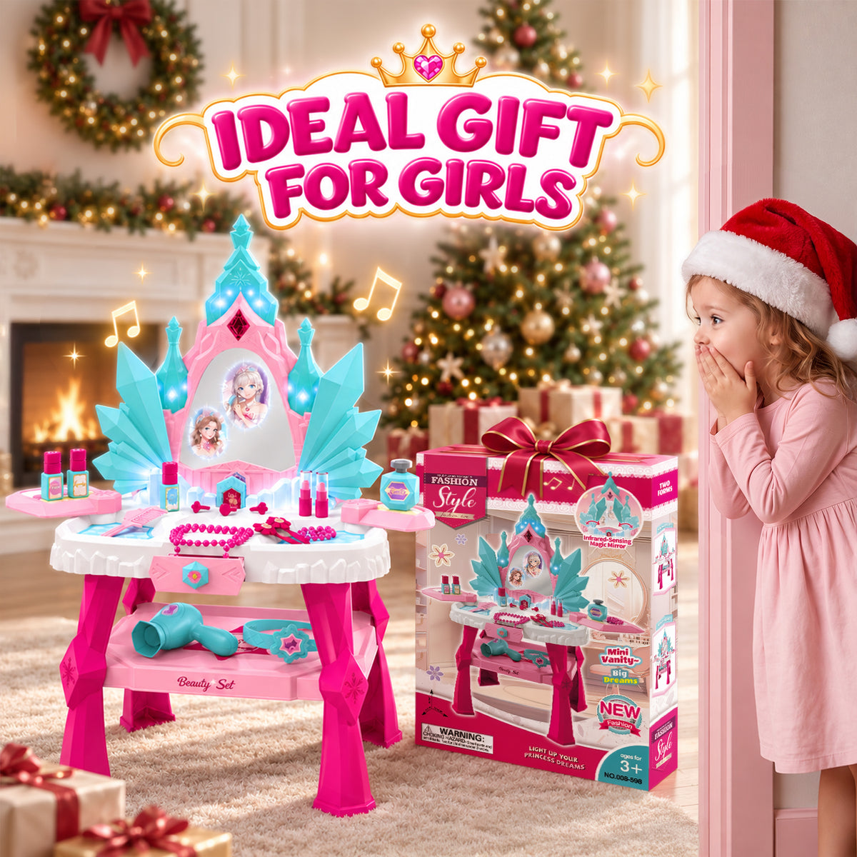 UUSUOO Kids Vanity Sets for Girls, Toddler Vanity Makeup Table with Mirror, Lights and Music, Kids Pretend Play Princess Toys, Birthday Gifts for Little Girls Ages 3-6