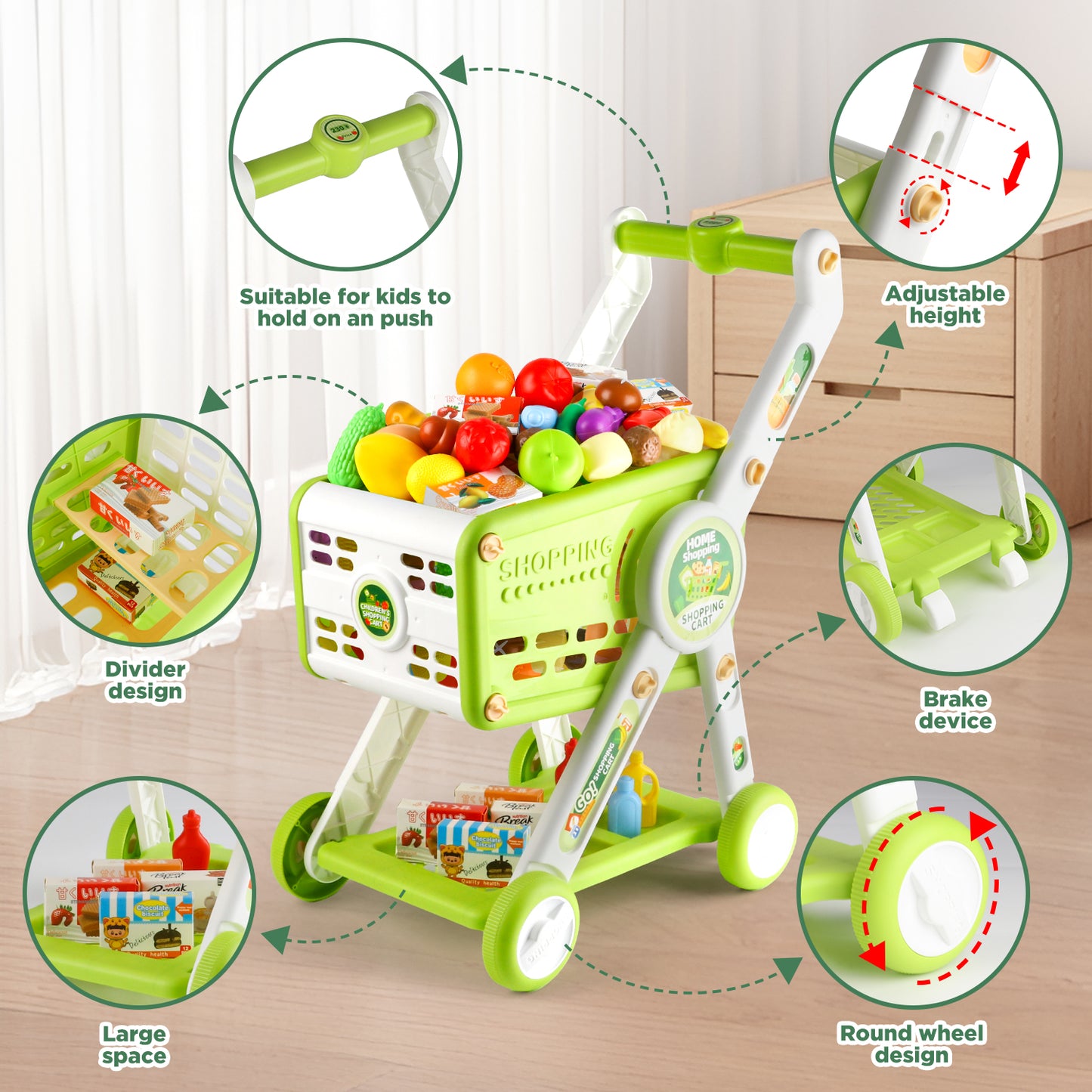 UUSUOO 31Pcs Shopping Cart for Kids,Pretend Play Toys with Play Food and Shop Accessories,Grocery Shopping Cart for Kids, Christmas Birthday Gift for Kids Age 3-8