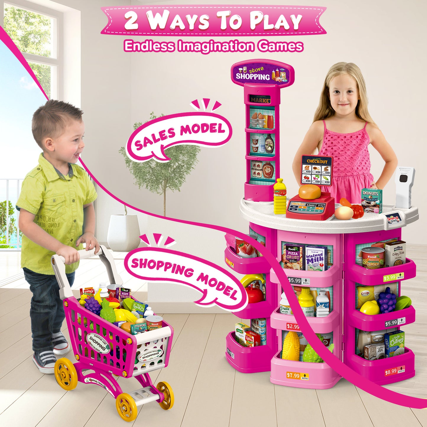 UUSUOO Supermarket Playset for Kids with Shopping Cart,76PCS Pretend Play Toys,Pretend Play Grocery Store Set with Play Food,Cash Register,Christmas & Birthday Gift for Kids 3 4 5 6 +