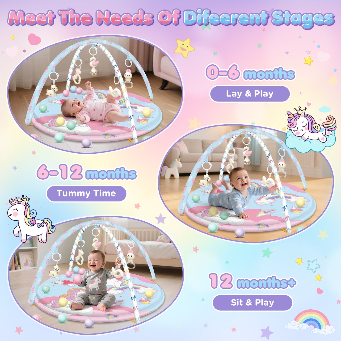 UUSUOO Baby Gym Play Mat,Tummy Time Mat With 5 Infant Learning Sensory Toys & 20 Balls,Washable Baby Activity Mat,Baby Toys Birthday Gifts for Newborns 0-3-6-9-12 Months