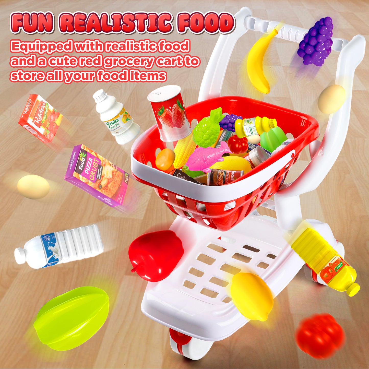 UUSUOO 36Pcs Shopping Cart for Kids,Toy Shopping Cart with Play Food Fruit Vegetable and Shop Accessories,Pretend Play Grocery Store Toys for Toddlers Age 3-6 ,Red