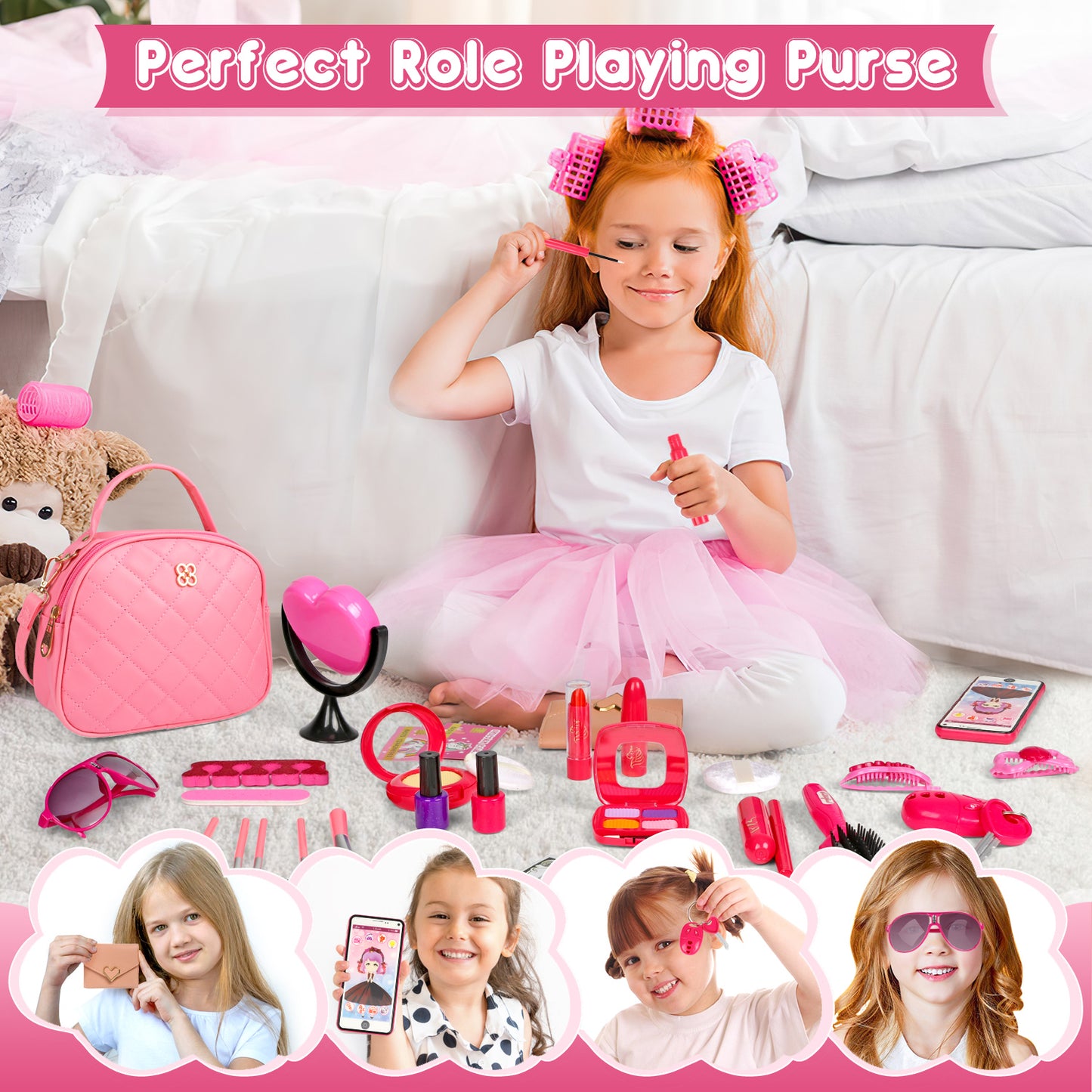 UUSUOO Play Purse Toy for Girls,34PCS Toddler Purse Set with Pretend Makeup for Little Girls,Princess Toys Includes Handbag,Phone,Wallet,Keys,Kids Purse Christmas Birthday Gift for Kids Girls