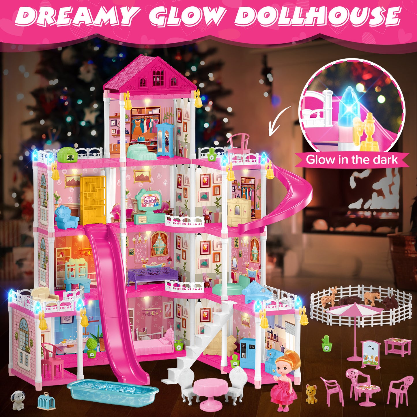 UUSUOO Doll House for Girls Toys,4 Stories 12 Rooms DIY Dollhouse Play Set with LED Lights Furniture and Accessories,Christmas Birthday Gifts for Girls Age 3 4 5 6 +