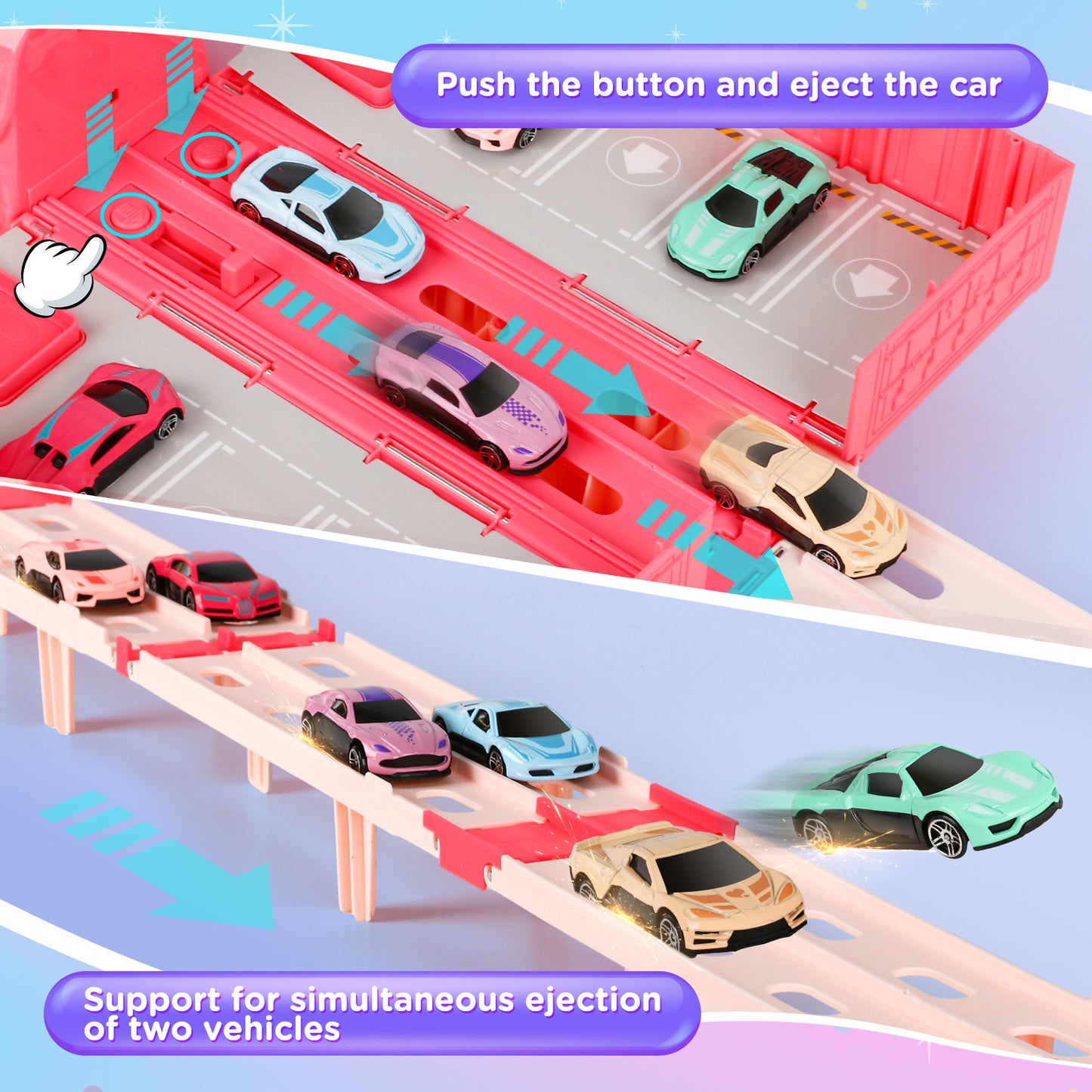 UUSUOO Toy Trucks for Boys Girls 3-6 Years,Pink Unicorn Foldable Transport Carrier Truck W/6 Race Cars,Christmas Birthday Gifts for 3 4 5 6 + Years Old Boys Girls