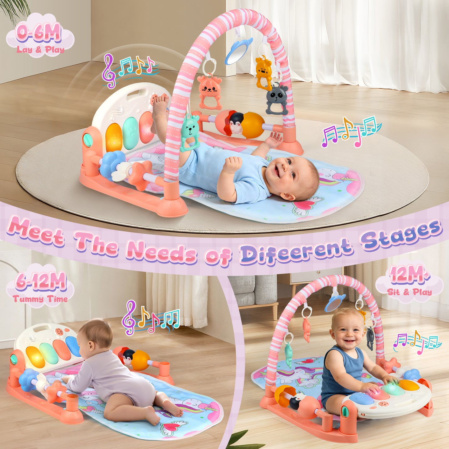 UUSUOO Baby Gym Play Mat,Baby Tummy Time Mat Musical Activity Center Play Piano Gym with 5 Sensory Toys,Music & Lights & Projection,Boys & Girls Gift for Newborns 0-3-6-9-12 Months
