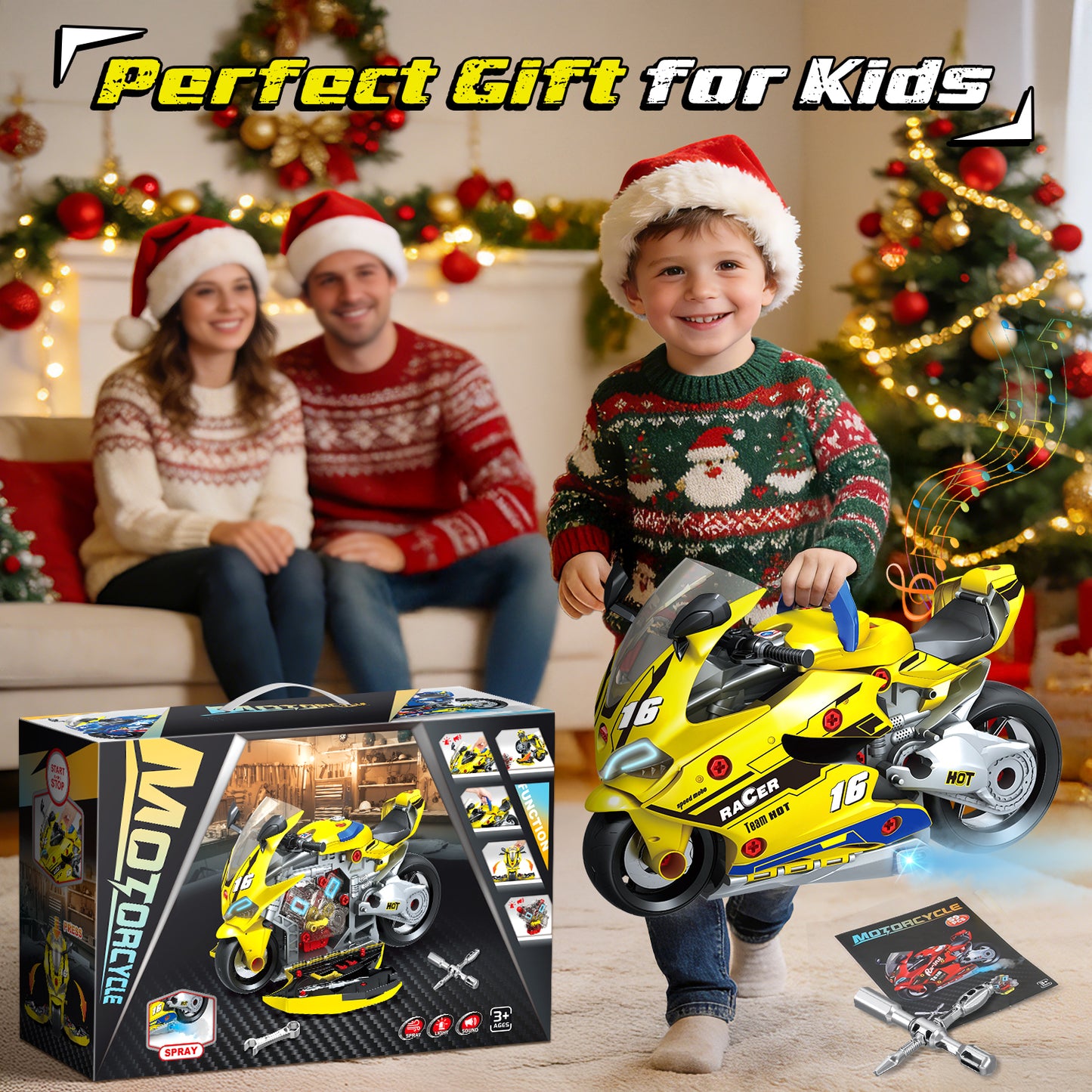 UUSUOO Take Apart Motorcycle Toy,Motorcycle Toys for Kids 3-5,Interactive Toy Engine Building Kit with Light, Sound & Spray,STEM Educational Gift Toys for 3 4 5 6 7 Year Old Boys Girls,Yellow