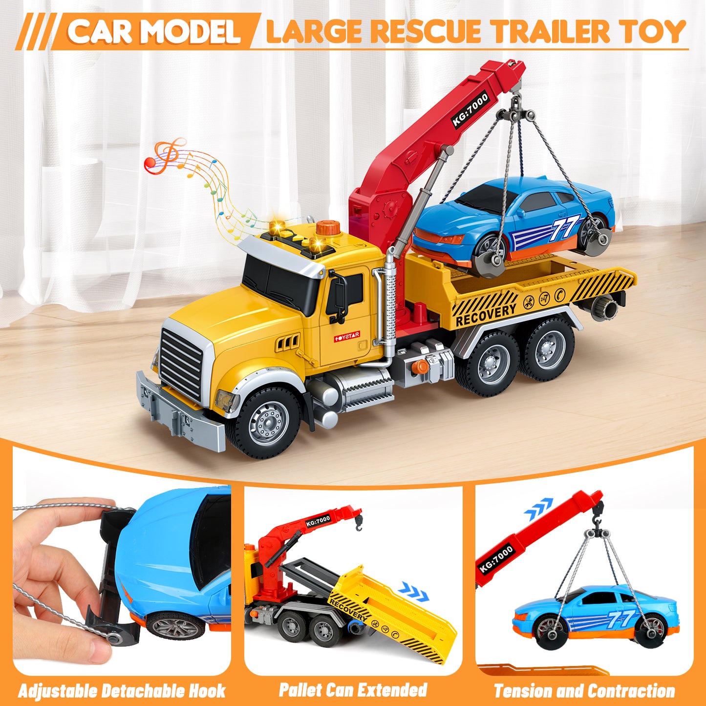 UUSUOO Toddler Trucks for Boys 3-6 Years,15" Large Tow Truck Toys,Friction Powered Transport Truck Crane Toy with Roadster, Lights and Sounds,Kids Truck Toys,Christmas Birthday Gifts for Kids,Yellow