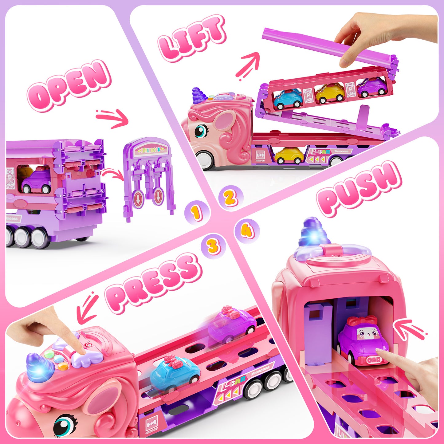 UUSUOO Unicorn Truck Toys for 3 -6 Years Old,7-In-1 Pink Unicorn Foldable Transport Carrier Truck with Lights and Music W/6 Princess Cars,Birthday Gifts for 3 4 5 6 + Years Old Boys Girls