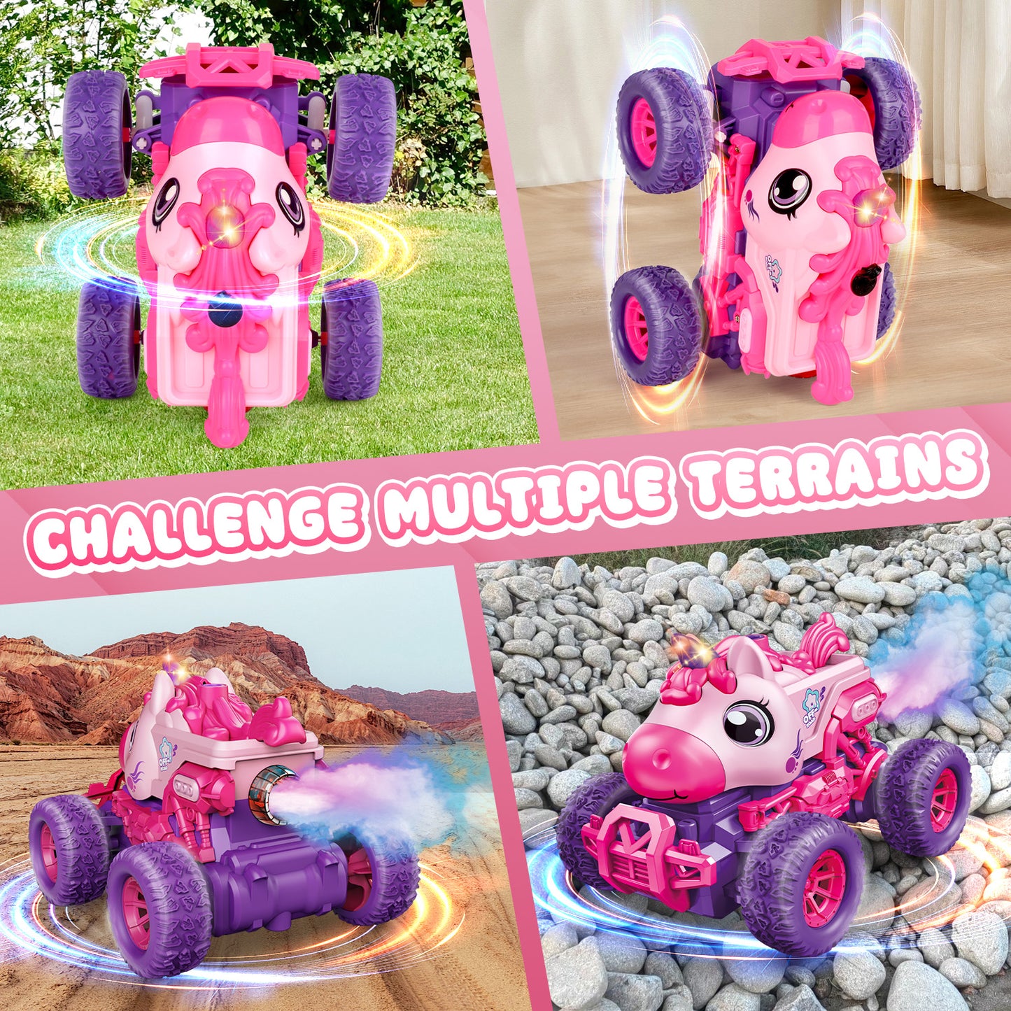 UUSUOO Unicorn Remote Control Cars for Girls 3-6,Rechargeable RC Cars for Kids with Spray & LED Light,Christmas Gifts Unicorn Toys for Boys Girls 3+