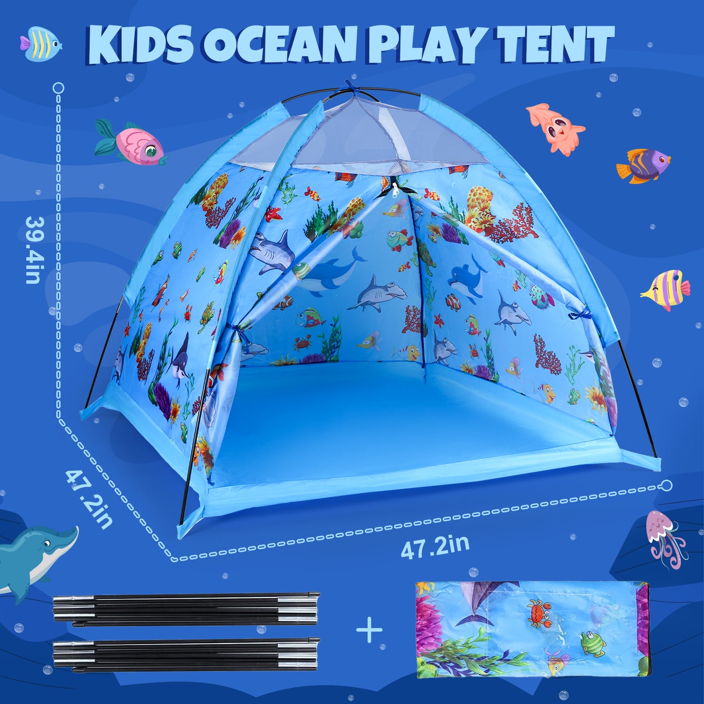 Marine World Kids Play Tent,Kids Play Tent Foldable Pop Up Kids Tent,Indoor Outdoor Party Undersea World Playhouse Tent Toy for Boys Girls-47*47 *39 (Blue)