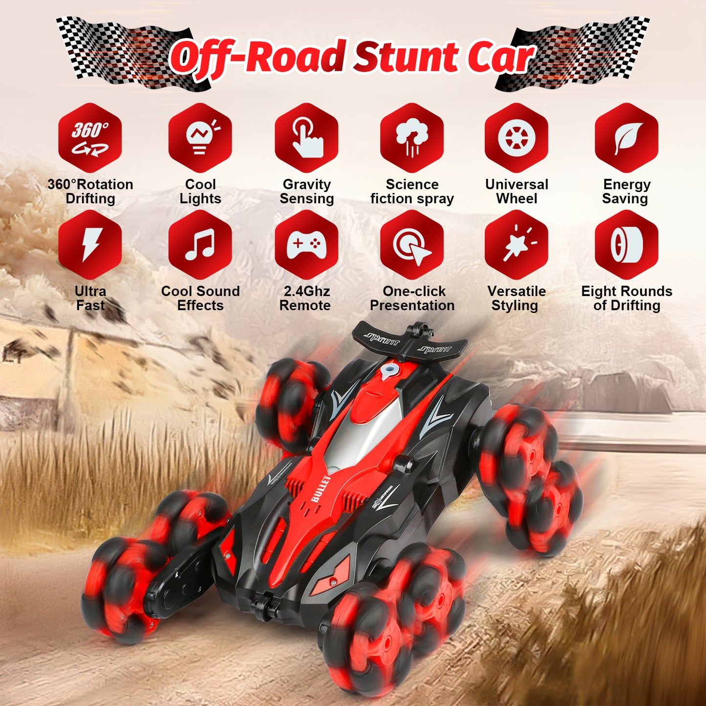 Remote Control Cars for Boys,8WD RC Stunt Car, 2.4 GHz 360°Rotating RC Drift Cars with Spray, Light & Sound, RC Cars for Boys Age 6-12 8-12 Birthday Gifts Toy , Red