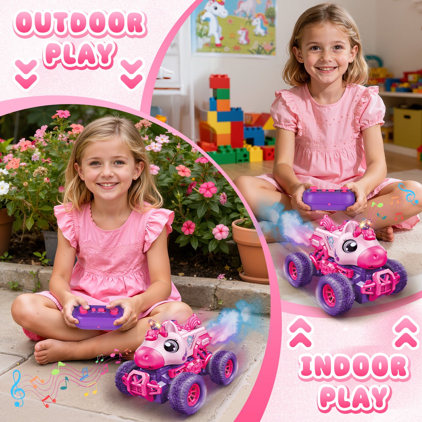 UUSUOO Unicorn Remote Control Cars for Girls 3-6,Rechargeable RC Cars for Kids with Spray & LED Light,Christmas Gifts Unicorn Toys for Boys Girls 3+