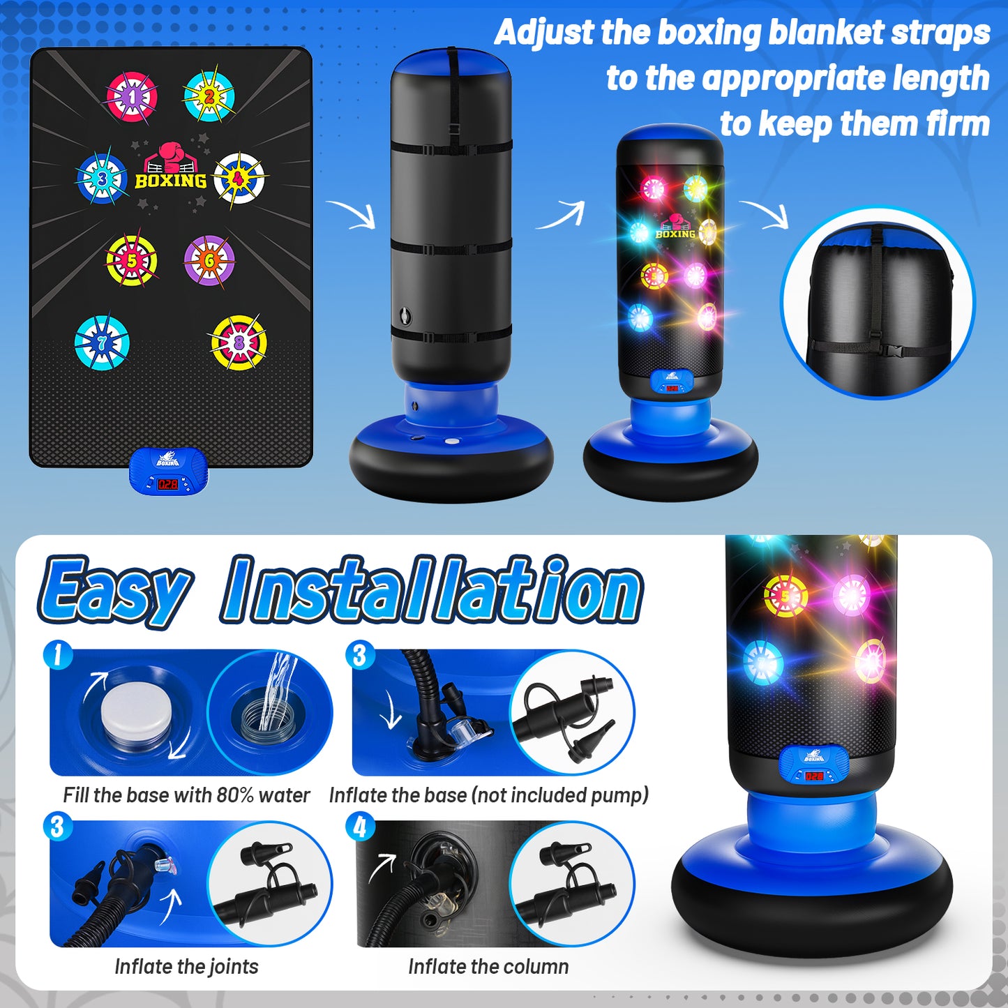 UUSUOO Punching Bag for Kids with Light & Sound,Kids Inflatable Boxing Bag Set with Gloves, Scoring System, 4 Play Modes,Christmas Birthday Gift Toy for Boys Girls Age 6-12,Blue