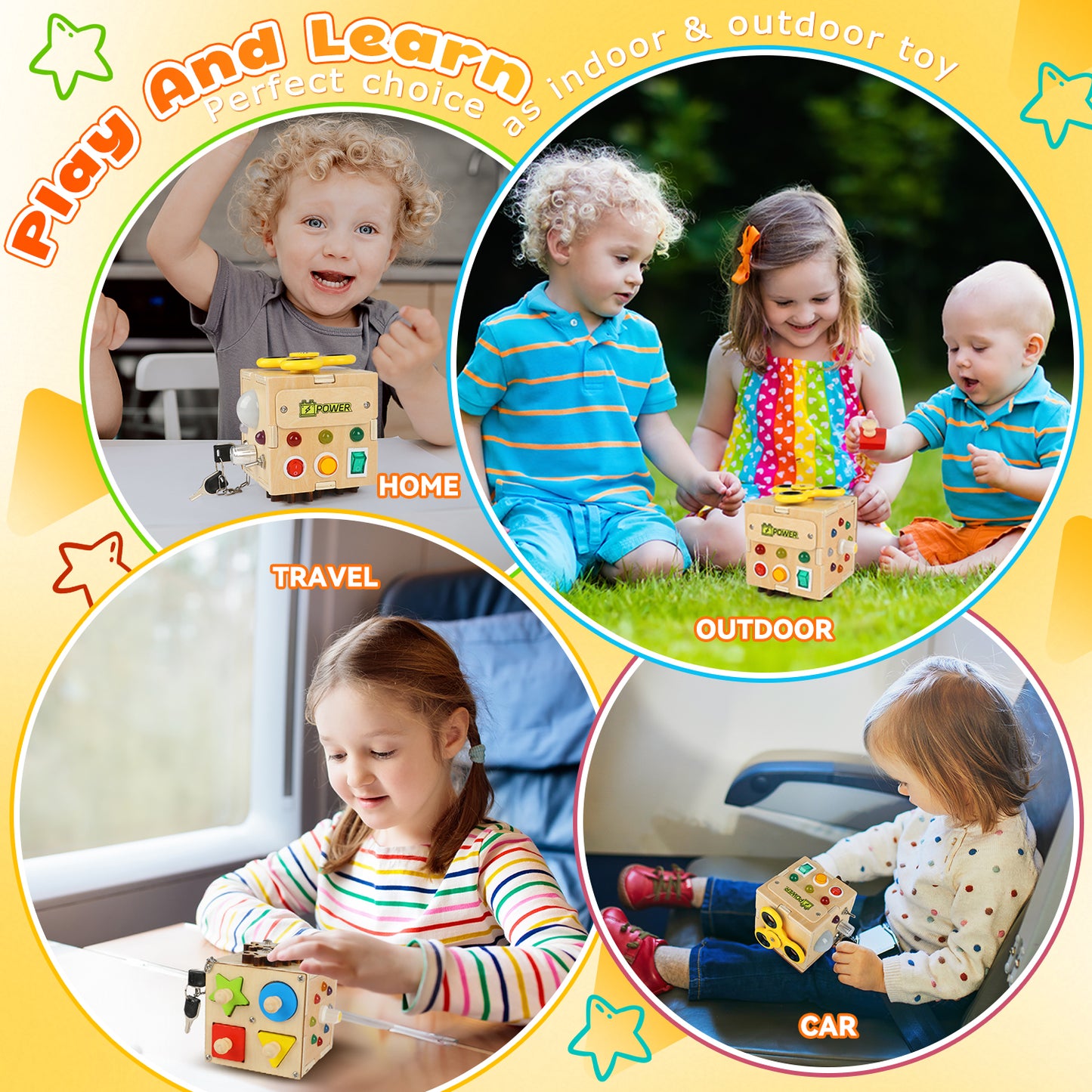 UUSUOO Busy Board with Led Light,Wooden Sensory Toys for Toddlers Boys Ages 1 2 3 Years Old, Educational Wooden Activity Cube,Travel Toys for 2 3 4 + Year Old Boys & Girls Birthday Gift