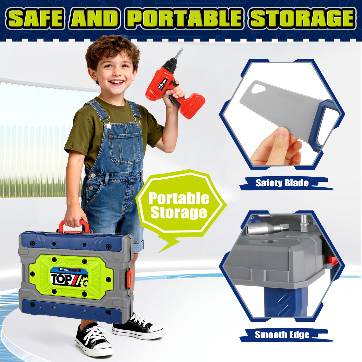 UUSUOO 2-In-1 Kids Tool Bench,132Pcs Kids Tool Set with Realistic Tools and Electric Drill,Foldable Pretend Play Workbench Construction Building Toys,Christmas Toys Gift for Boys Girls 4 5 6+