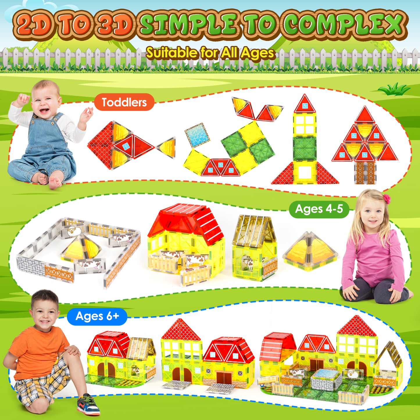 UUSUOO 65Pcs Magnetic Tiles Farm Animals Toddler Toys,STEM Magnetic Building Blocks for Kids Ages 4-8,Preschool Montessori Sensory Toys,Christmas Birthday Gifts for Kids