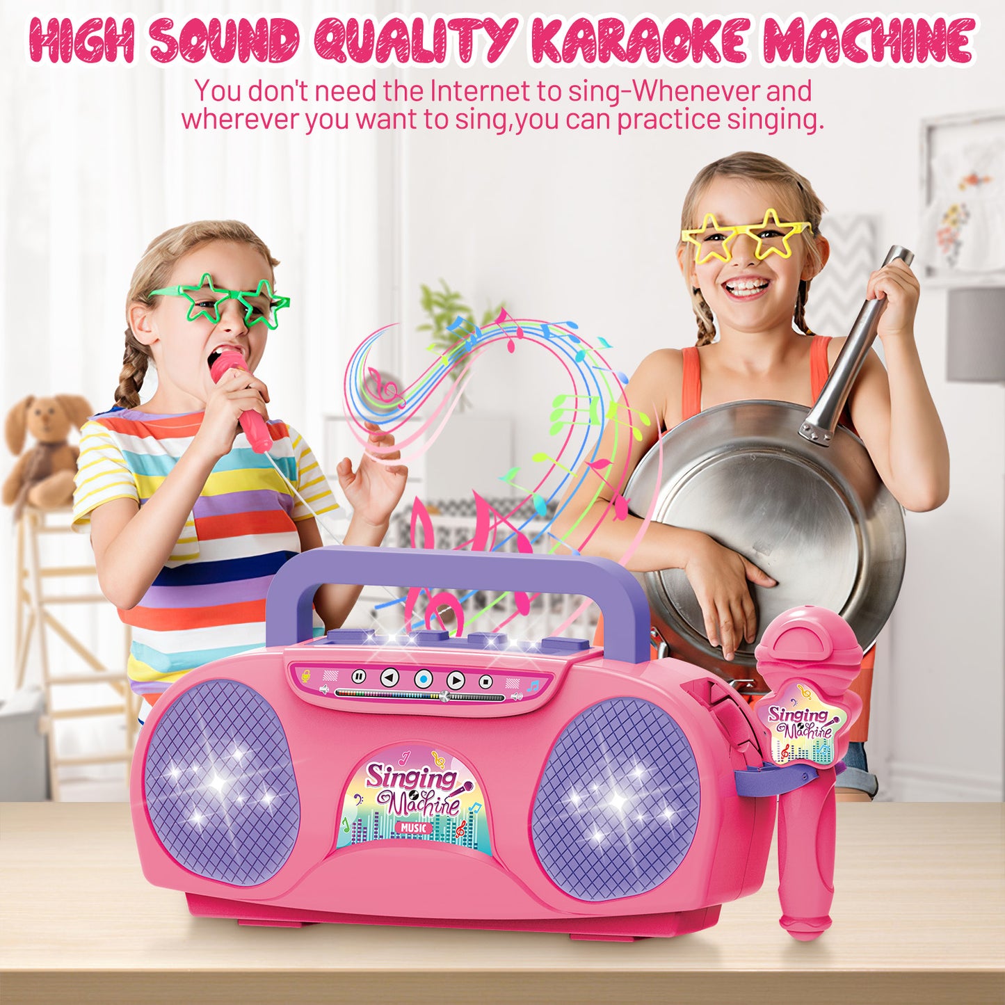 UUSUOO Karaoke Microphone For Kids Girls,Kids Music Player With Microphone, Kids Microphone Girls Toys,Singing Machine Karaoke Toys,Christmas Birthday Gifts for 3 4 5 6 7 8 Years Old Girls Boys,Pink