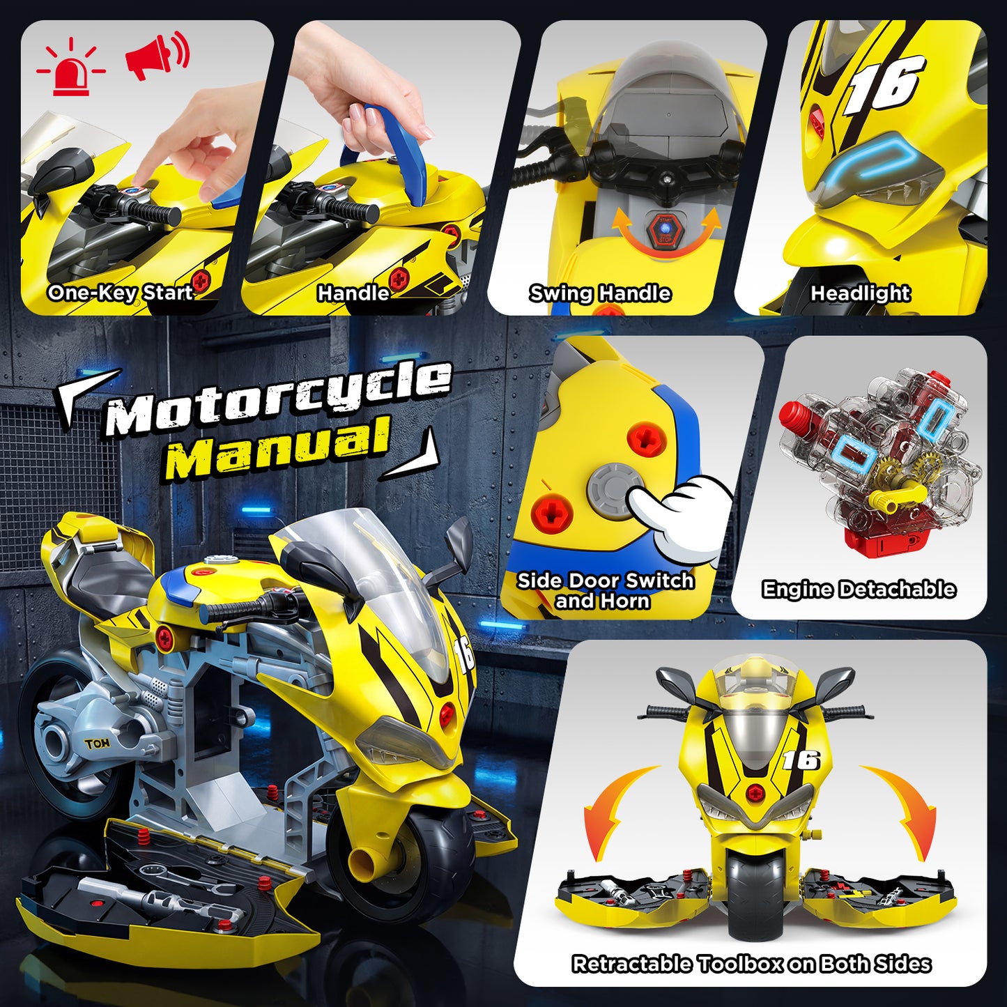 UUSUOO Take Apart Motorcycle Toy,Motorcycle Toys for Kids 3-5,Interactive Toy Engine Building Kit with Light, Sound & Spray,STEM Educational Gift Toys for 3 4 5 6 7 Year Old Boys Girls,Yellow