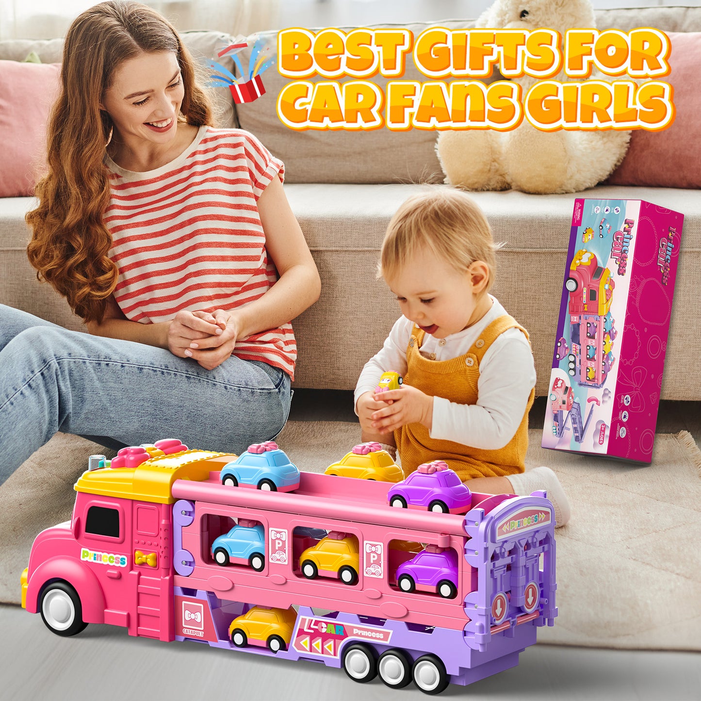 UUSUOO Truck Toys for Girls,9 IN 1 Pink Princess Toys Carrier Truck Race Track Toys for Kids,Foldable Transport Truck with Lights & Music,Christmas Birthday Toys Gift for Girls 3 4 5 6+