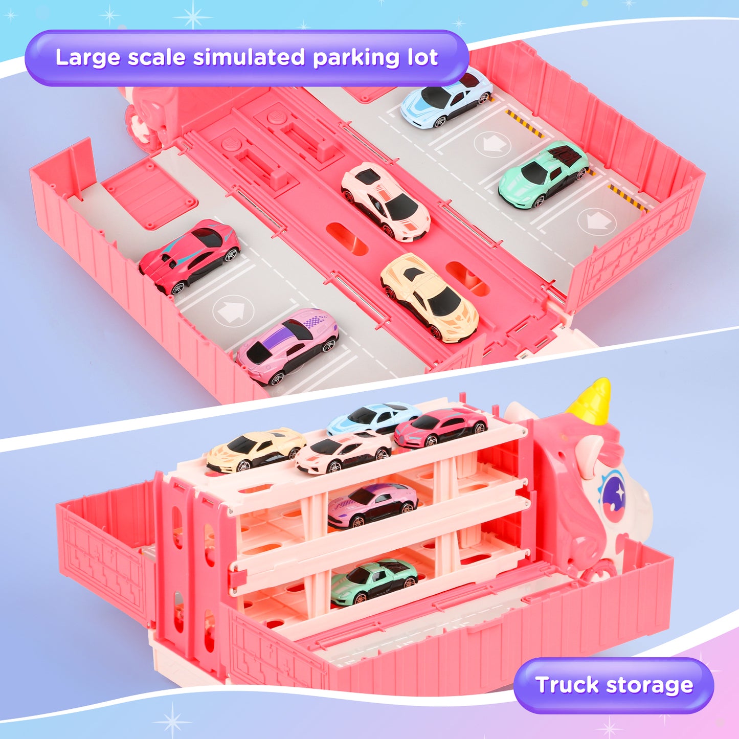 UUSUOO Toy Trucks for Boys Girls 3-6 Years,Pink Unicorn Foldable Transport Carrier Truck W/6 Race Cars,Christmas Birthday Gifts for 3 4 5 6 + Years Old Boys Girls