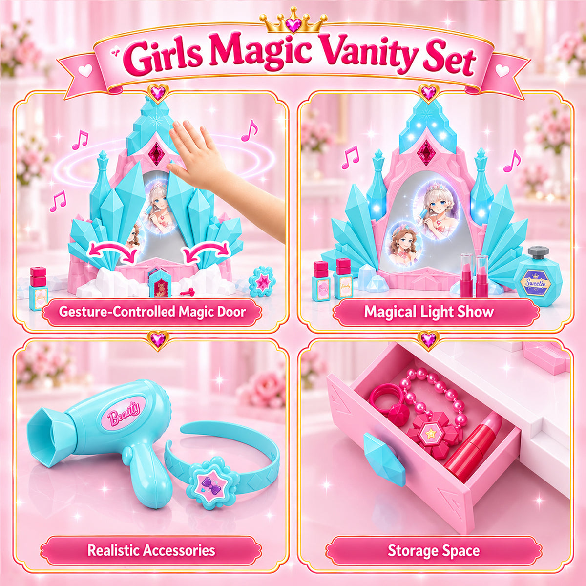 UUSUOO Kids Vanity Sets for Girls, Toddler Vanity Makeup Table with Mirror, Lights and Music, Kids Pretend Play Princess Toys, Birthday Gifts for Little Girls Ages 3-6