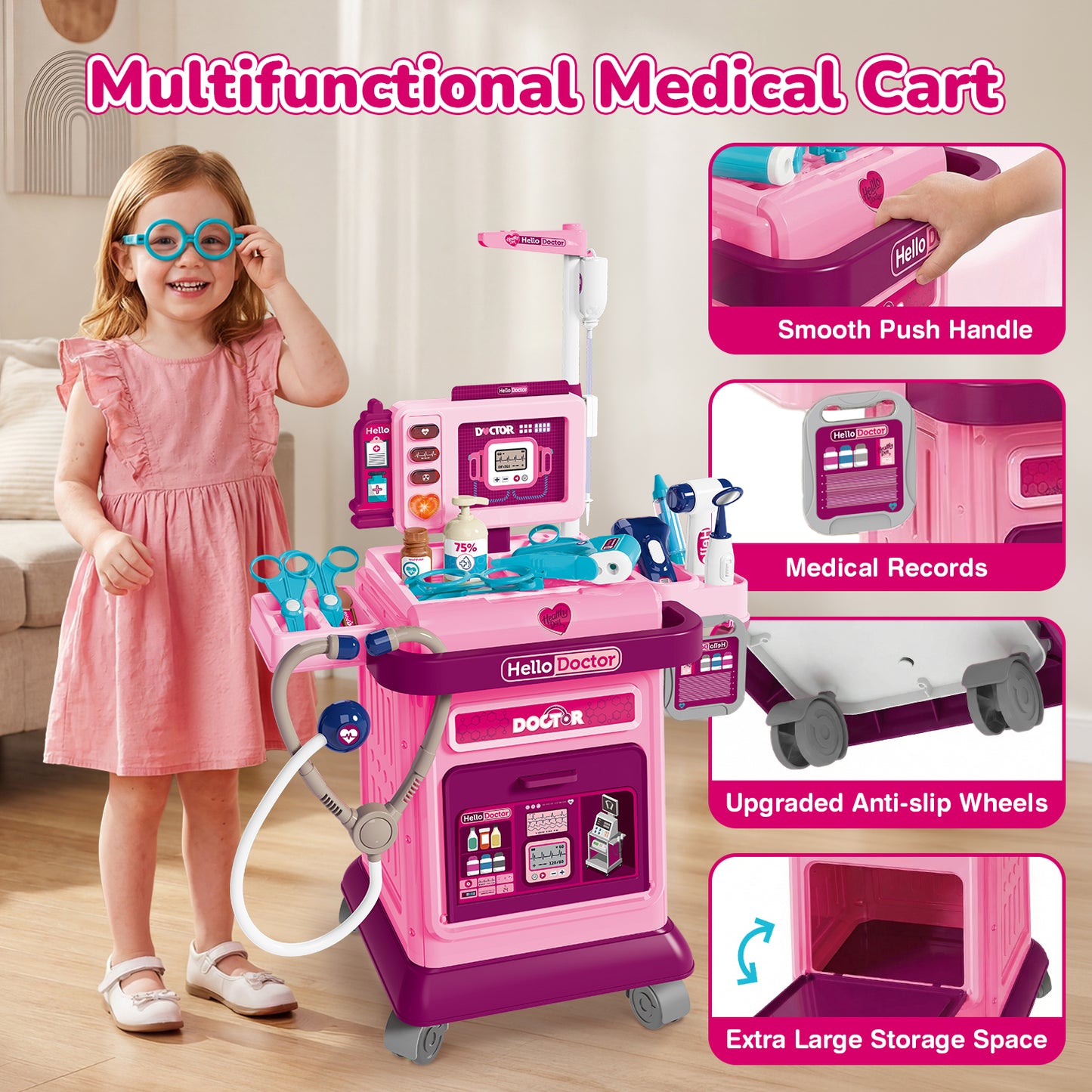 UUSUOO Doctor Kit for Toddlers 3-5,37Pcs Pretend Play Medical Kit Toy,Toddler Medical Cart Toy with Realistic LED Lights & Sounds,Doctor Kit Christmas Toy Gifts for Kids 3-8,Pink