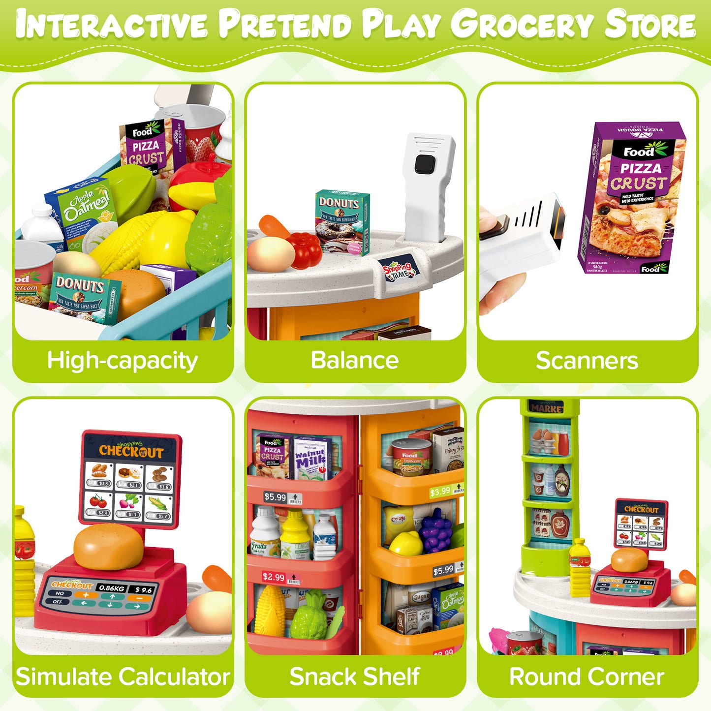 UUSUOO Supermarket Playset for Kids,Pretend Play Grocery Store Set with Kids Shopping Cart,76PCS Pretend Play Toys with Play Food, Cash Register,Christmas Birthday Gift for Kids 3 4 5 6 +