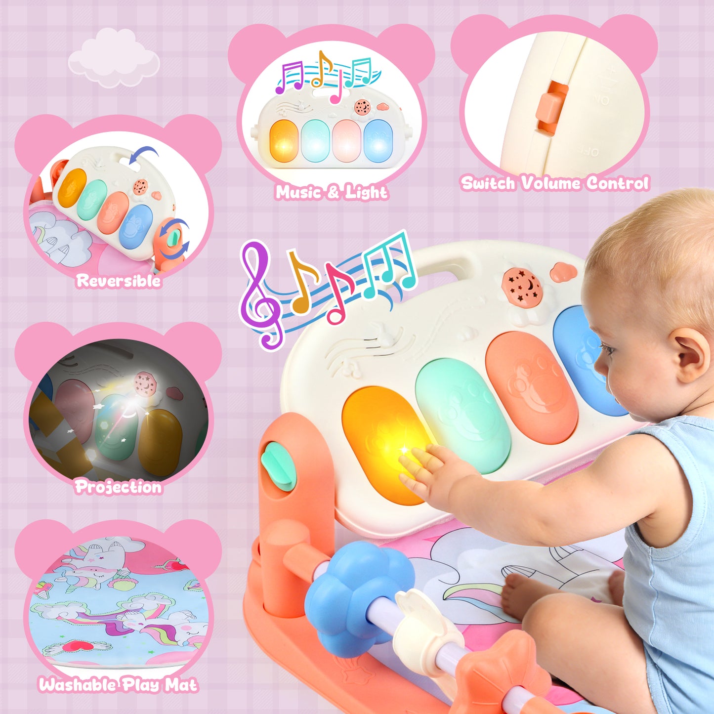 UUSUOO Baby Gym Play Mat,Baby Tummy Time Mat Musical Activity Center Play Piano Gym with 5 Sensory Toys,Music & Lights & Projection,Boys & Girls Gift for Newborns 0-3-6-9-12 Months