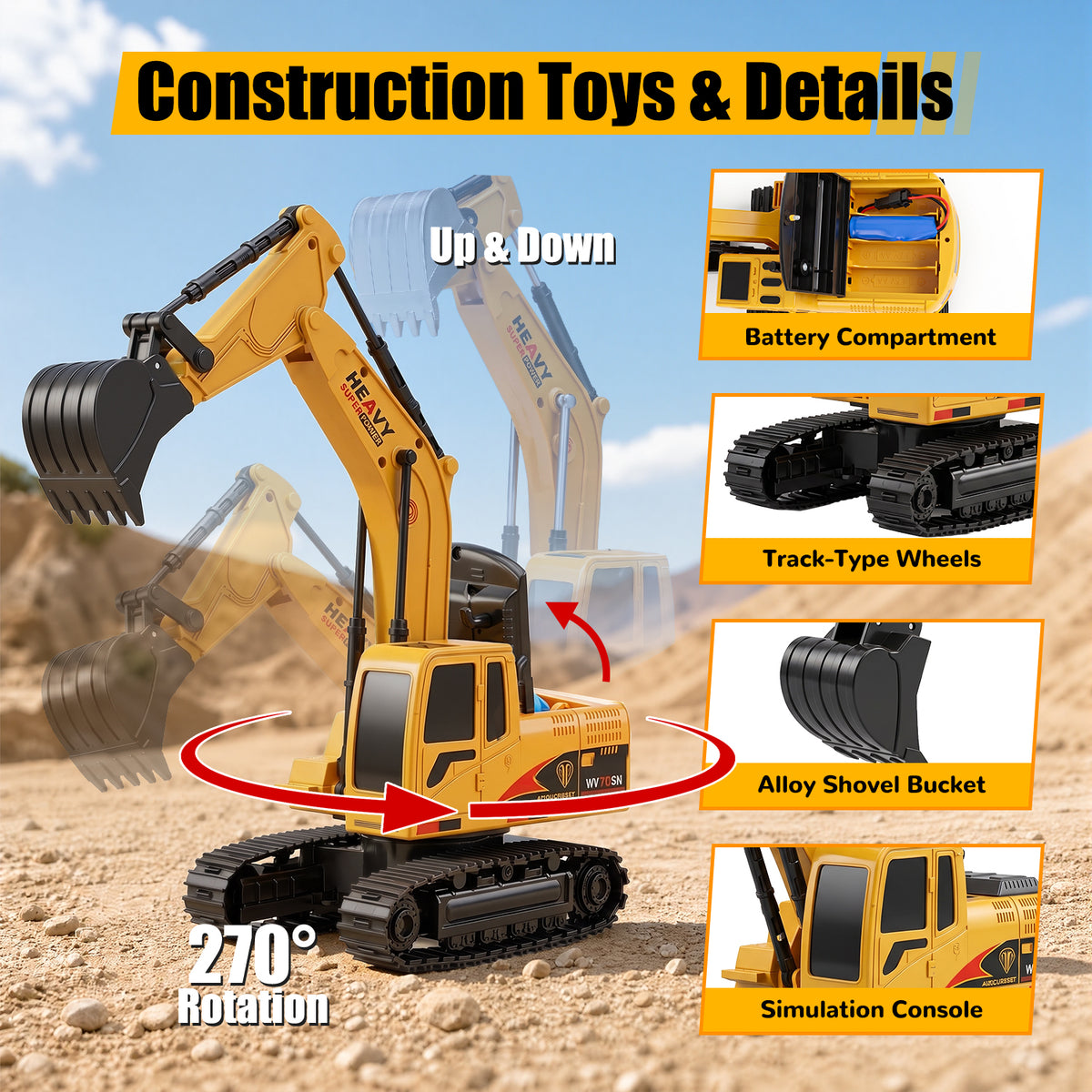 UUSUOO Remote Control Excavator and Dump Truck Toy for Kids, 2.4GHz RC Construction Vehicles with Lights & Sounds, Rechargeable Construction Toys, Birthday Gift for Kids Ages 3+