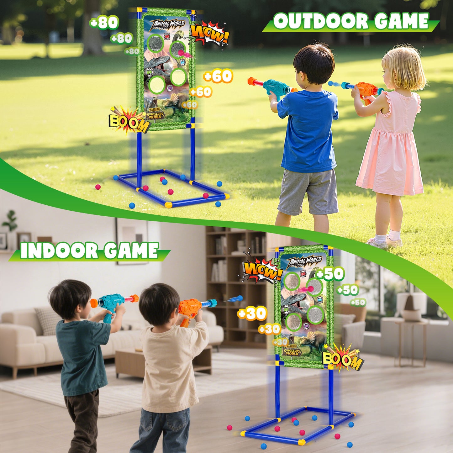 UUSUOO Shooting Game Toys for Kids,Dinosaur Shooting Target with 2 Air Toy Blasters & 20 Foam Balls, Indoor & Outdoor Christmas Birthday Gifts for Boys Girls Age 6 7 8 9 +
