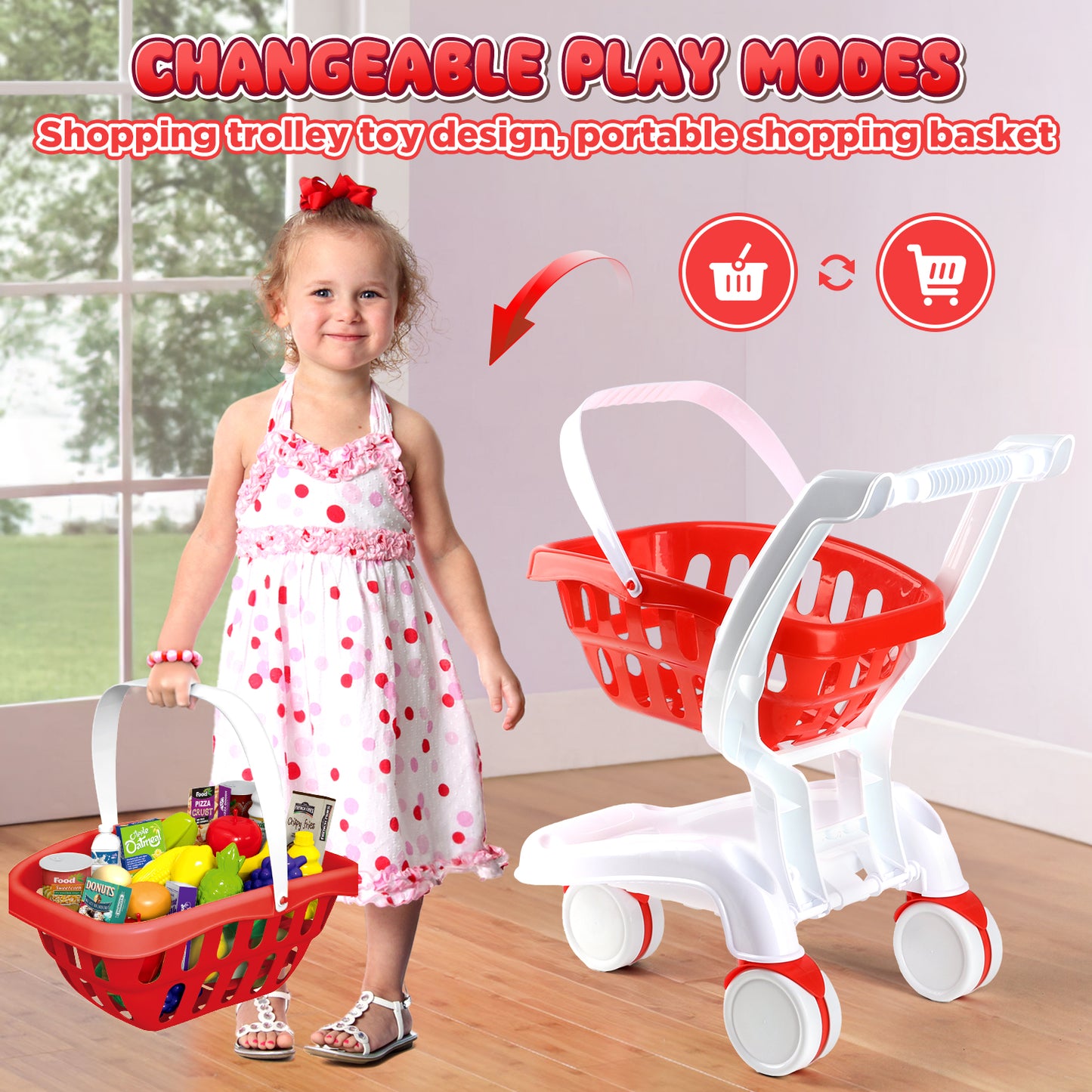 UUSUOO 36Pcs Shopping Cart for Kids,Toy Shopping Cart with Play Food Fruit Vegetable and Shop Accessories,Pretend Play Grocery Store Toys for Toddlers Age 3-6 ,Red