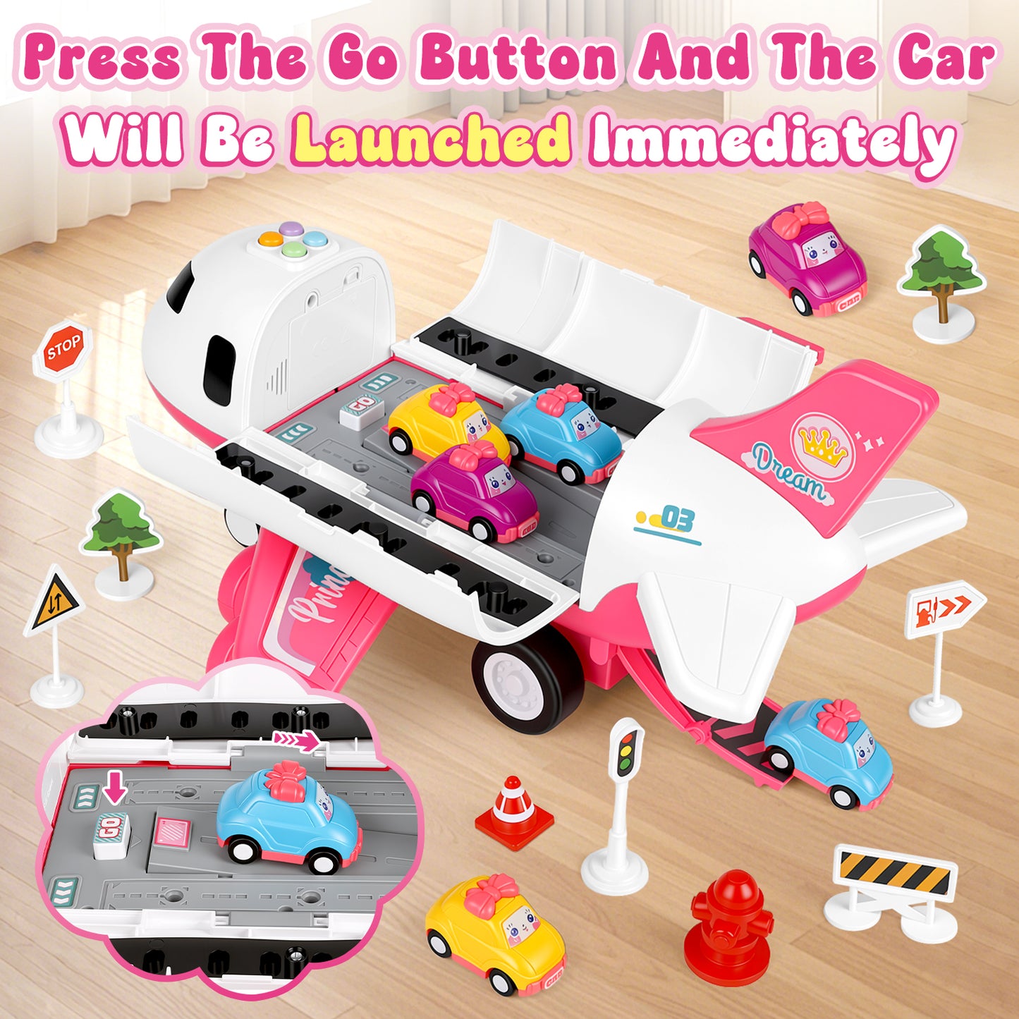 UUSUOO Airplane Toys for Toddlers 3-5, Toddlers Airplane Playset with 6 Cars Toys, Light & Sound,Plane Toys for Kids,Birthday Gift for 3 4 5 6+ Years Old Kids Boys Girls,Pink