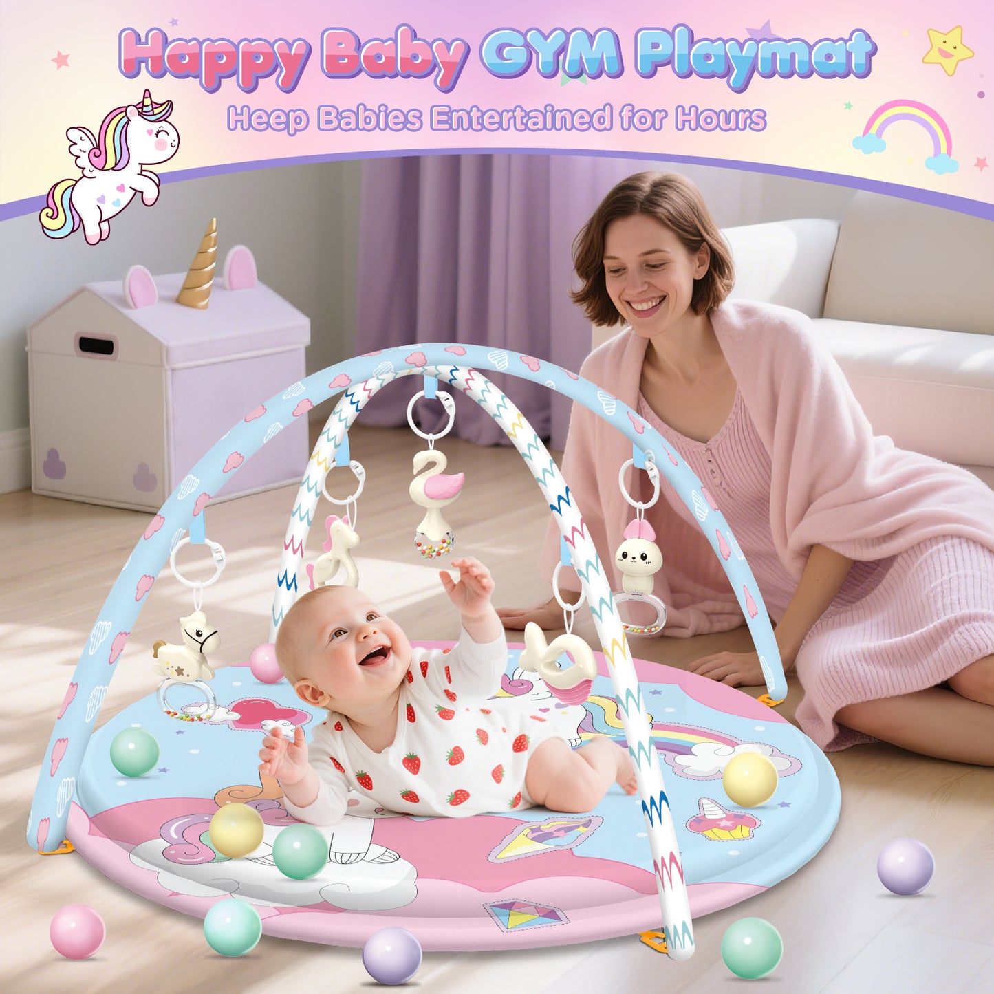 UUSUOO Baby Gym Play Mat,Tummy Time Mat With 5 Infant Learning Sensory Toys & 20 Balls,Washable Baby Activity Mat,Baby Toys Birthday Gifts for Newborns 0-3-6-9-12 Months