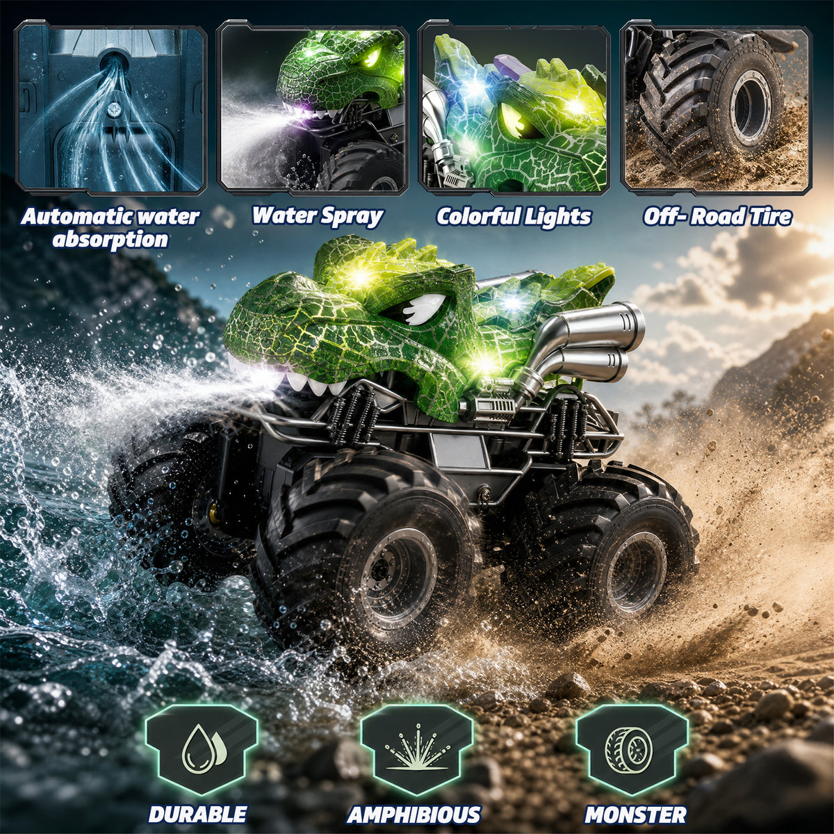 UUSUOO Dinosaur Remote Control Car,Waterproof Monster Truck Toys with Spray Water & Lights, 2.4GHz All-Terrain RC Truck Toys for Boys 4-7, Christmas Birthday Gifts for Boys Girls 3+