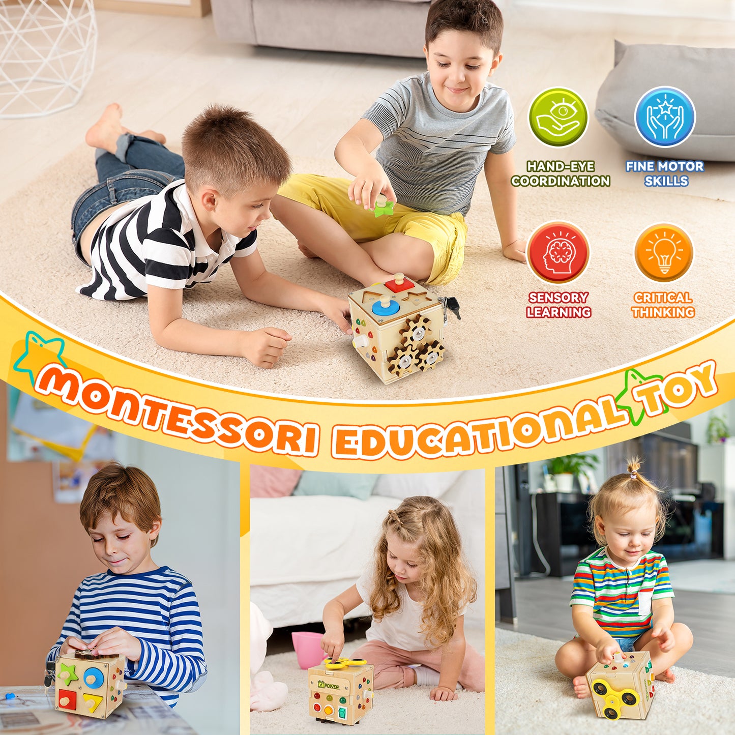 UUSUOO Busy Board with Led Light,Wooden Sensory Toys for Toddlers Boys Ages 1 2 3 Years Old, Educational Wooden Activity Cube,Travel Toys for 2 3 4 + Year Old Boys & Girls Birthday Gift