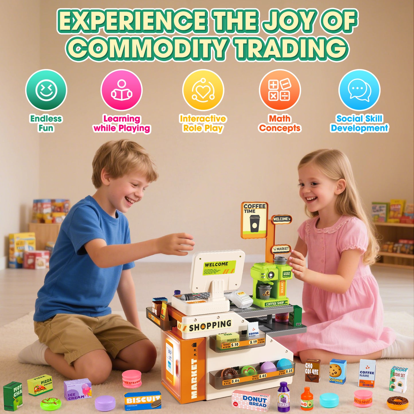 UUSUOO 66Pcs Cash Register for Kids,Pretend Play Grocery Store Set,Kids Cash Register with Scanner,Coffee Machine,Play Food & Money,Christmas Birthday Gift for Boys Girls 3 4 5 6 +