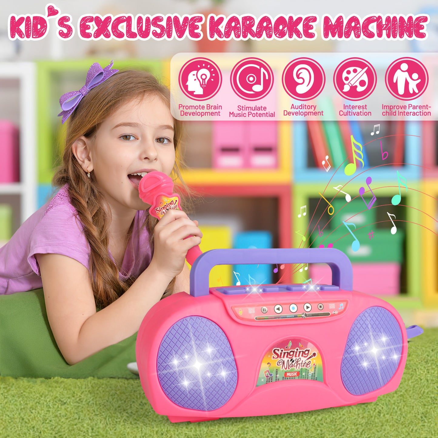 UUSUOO Karaoke Microphone For Kids Girls,Kids Music Player With Microphone, Kids Microphone Girls Toys,Singing Machine Karaoke Toys,Christmas Birthday Gifts for 3 4 5 6 7 8 Years Old Girls Boys,Pink