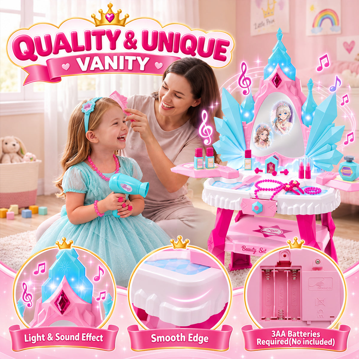 UUSUOO Kids Vanity Sets for Girls, Toddler Vanity Makeup Table with Mirror, Lights and Music, Kids Pretend Play Princess Toys, Birthday Gifts for Little Girls Ages 3-6