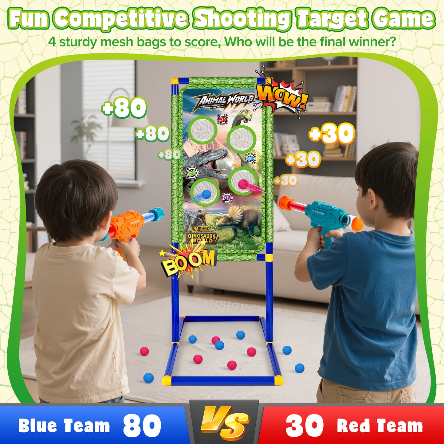 UUSUOO Shooting Game Toys for Kids,Dinosaur Shooting Target with 2 Air Toy Blasters & 20 Foam Balls, Indoor & Outdoor Christmas Birthday Gifts for Boys Girls Age 6 7 8 9 +