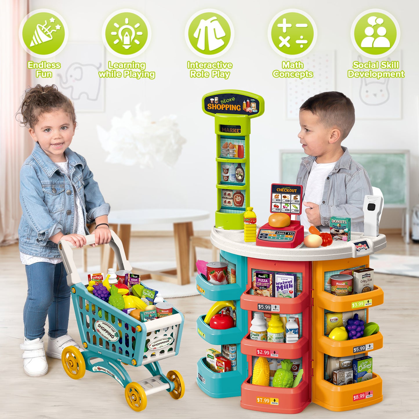 UUSUOO Supermarket Playset for Kids,Pretend Play Grocery Store Set with Kids Shopping Cart,76PCS Pretend Play Toys with Play Food, Cash Register,Christmas Birthday Gift for Kids 3 4 5 6 +