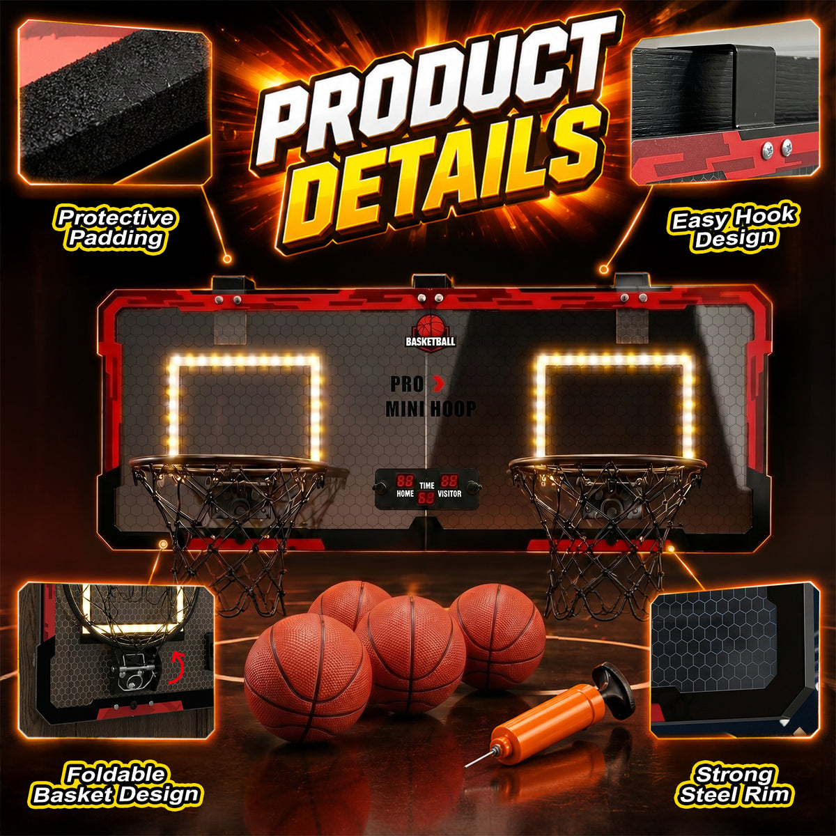 UUSUOO 2 Player Basketball Hoop for Kids,Indoor Basketball Hoop with Electronic Scoreboard,Sounds,LED Lights & 4 Balls,Basketball Toy Gift for Boys Girls Age 5 6 7 8 +