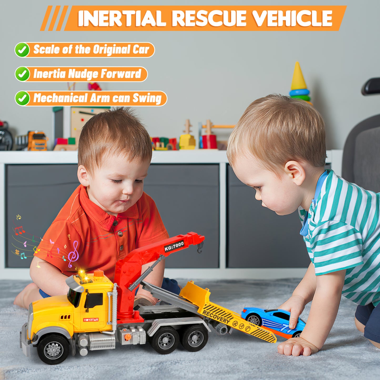 UUSUOO Toddler Trucks for Boys 3-6 Years,15" Large Tow Truck Toys,Friction Powered Transport Truck Crane Toy with Roadster, Lights and Sounds,Kids Truck Toys,Christmas Birthday Gifts for Kids,Yellow
