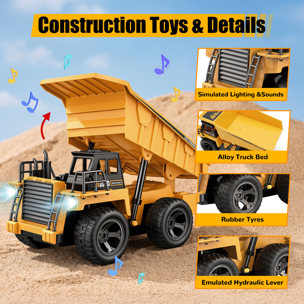 UUSUOO Remote Control Excavator and Dump Truck Toy for Kids, 2.4GHz RC Construction Vehicles with Lights & Sounds, Rechargeable Construction Toys, Birthday Gift for Kids Ages 3+