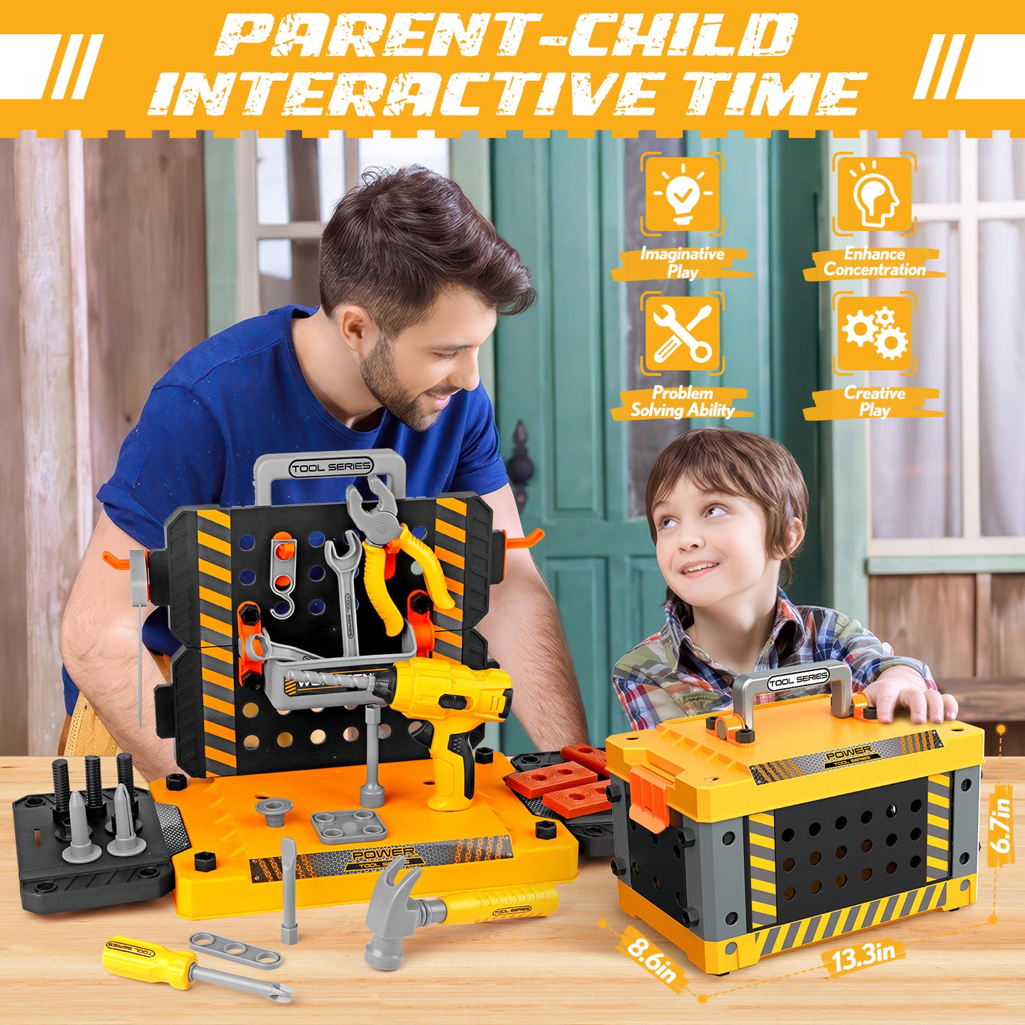 UUSUOO 2-In-1 Kids Tool Bench,92Pcs Kids Tool Set for Boys with Realistic Tools and Electric Drill,Pretend Play Workbench Construction Toys,Christmas Birthday Gift Toys for Boys Girls 4 5 6+